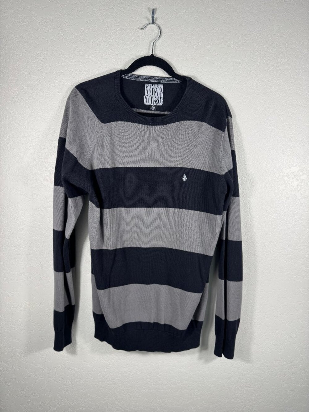 Volcom Innercircle Striped Crewneck Sweater Mens L Black Grey Cotton Knit